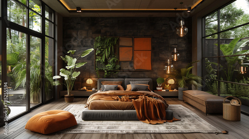 Earthy Elegance: A Luxurious Bedroom Retreat for the Stylish Man , generated by IA
