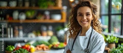 Smiling Nutrition Expert with Healthy Food Selection. Concept Holistic Wellness, Nutrient-Rich Recipes, Balanced Diet Tips, Health-conscious Choices
