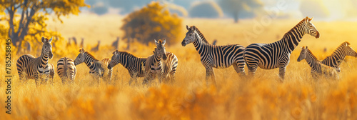 Group of zebras in the savannah at sunset. Panorama