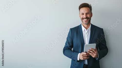 Portrait of happy middle aged business man in suit using digital tablet while standing over white background with copy space, smiling and looking away. generative AI