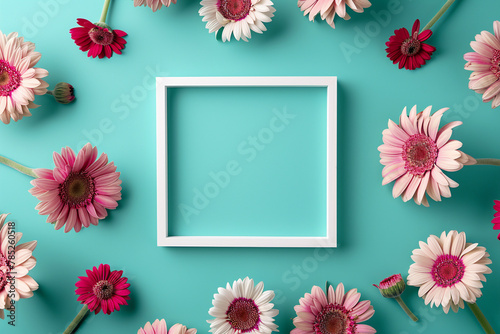 White picture mock up frame with beautiful pink zinnia flowers on a blue background. Copy space.