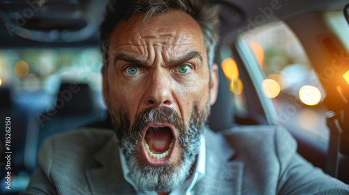 Furious elderly man gesticulates with hand while driving.