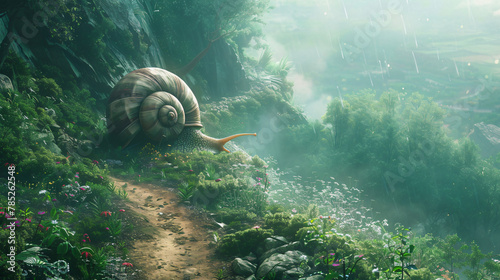 An enormous snail around the corner of a mystic forest
