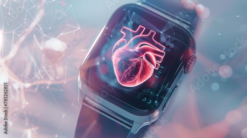 Modern smartwatch displaying a holographic heart: a blend of technology and health monitoring