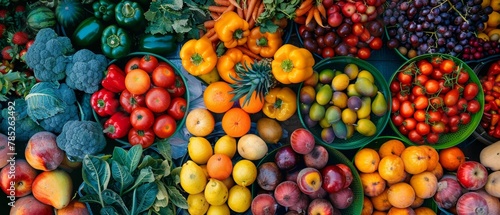 An abundant display of fresh produce, including various fruits and vegetables, arranged in a vibrant market stall setting, showcasing nature's palette of colors.