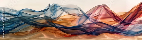 Abstract desert landscape with chart lines dancing in the sand dunes, swirling smoke in rich colors, telling stories of change and discovery in a new world.