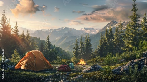 A small orange tent is set up in a grassy field next to a campfire