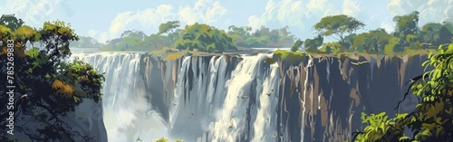 A painting of a waterfall with a lush green forest in the background