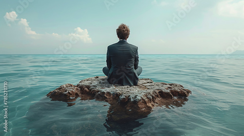 A businessman sits on a stone in the middle of the sea.