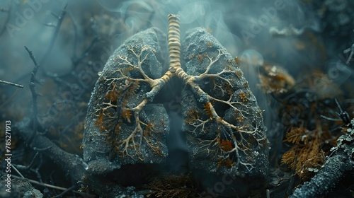 Lungs made of tree branches covered in moss and lichen with smoke surrounding them.