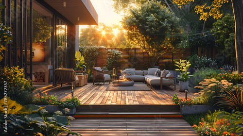 Photo de terrasse de maison avec jardin, chaises et tables