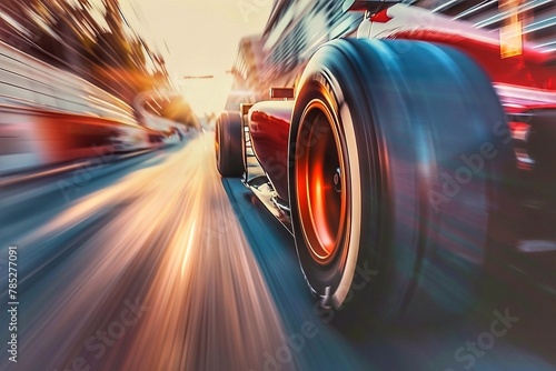 Formula 1 racing car on road with motion blur effect. Concept of speed.