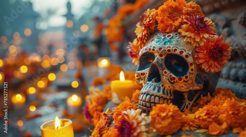 Dia de los Muertos: Evocative images capturing the colorful altars, sugar skulls, marigold flowers, and lively celebrations during Dia de los Muertos in Mexico, honoring and remembering deceased loved