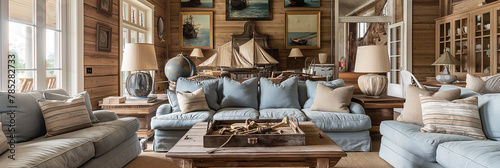Rustic elaborate living room with nautical decorations on the walls