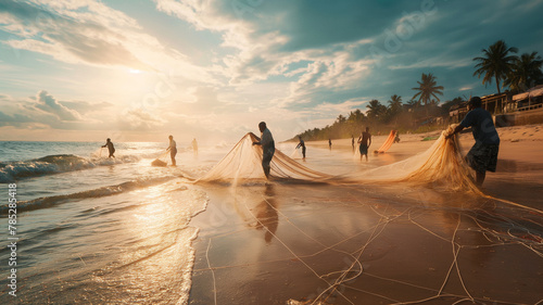 Fishermen are pulling seines on the beach in the morning