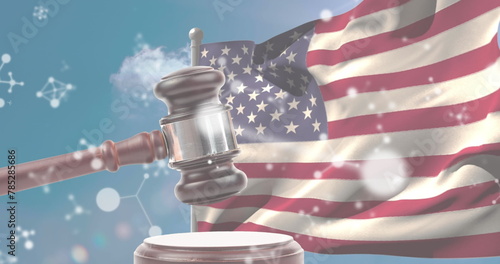 Image of molecules over gavel and flag of usa