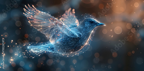 Fantasy bird with Blue glowing wireframe abstract futuristic background