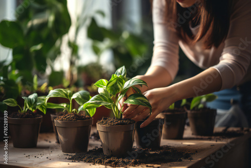 woman planting a plant. Person gardener hand replanting home green plants. Transplanting a houseplant into a new flower pot. gardening. Taking care of home plants, watering plants