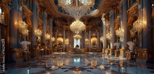 Splendid chandelier adds allure to lavish ballroom with its polished marble setting.