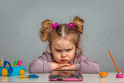 Upset child with smartphone and toys