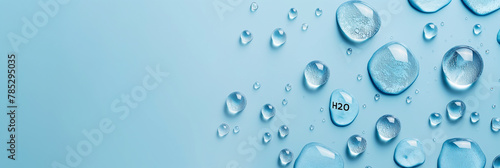 H2O water bubbles on a light blue background. Water chemical formula