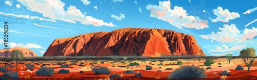 A painting of a desert with a large rock formation in the background