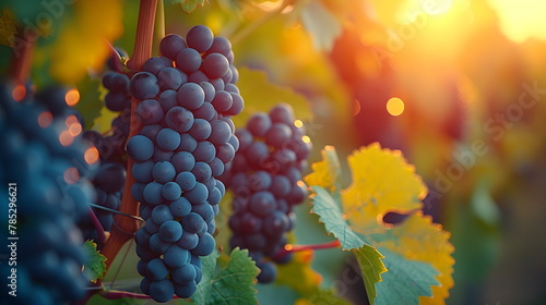Two large bunches of red wine grapes hang from a vine, warm background color.Vineyards at sunset in the autumn harvest. Ripe grapes in autumn. Red grapes hanging from the vine, warm background.