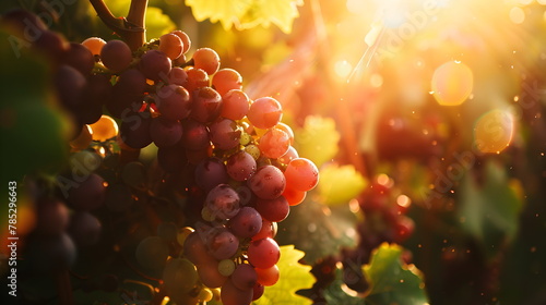 Vineyards at sunset in the autumn harvest. Ripe grapes in autumn. Red grapes hanging from the vine, warm background.