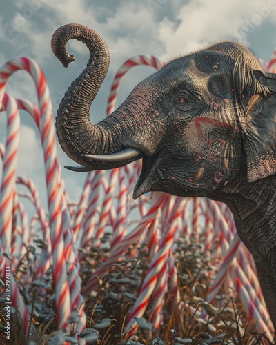 An elephant painting a selfportrait with its trunk, in a field of candy canes, expressionist style, 