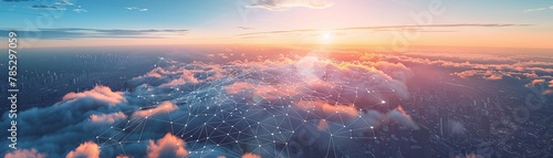 Cloud networks connecting cities, sunset, high above, wide panorama, seamless computing power
