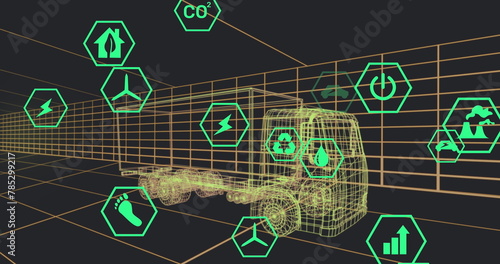 Image of digital car interface and eco icons over 3d model of car