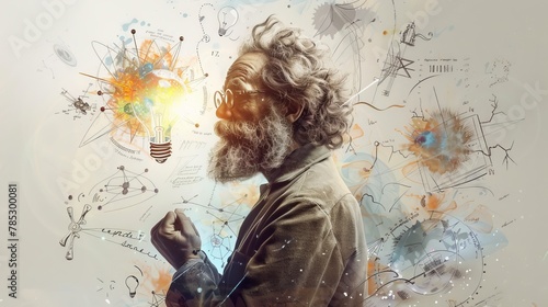 A man with a beard and glasses is standing in front of a drawing of a light bulb