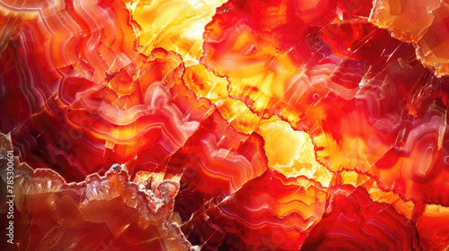 A macro image of a carnelian surface, showcasing its deep reds and oranges, detailed textures, light interacting with its semi-transparent qualities. 