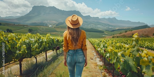 A Woman Exploring the Picturesque Vineyards of South Africa s Scenic Countryside on a Tranquil Tour of the Terroir