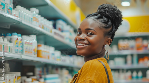 Smiling african american woman at the pharmacy, in drugstore, store, buying vitamins