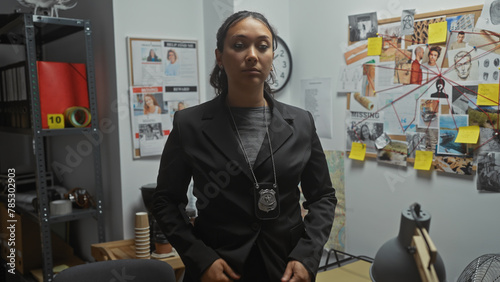 Hispanic woman detective in office with evidence board and badge