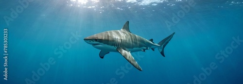 Great white shark, under ocean water, sun rays, blue water, underwater scene