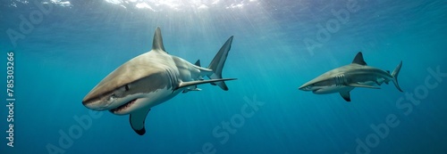 Group of great white sharks, under ocean water, sun rays, blue water, underwater scene
