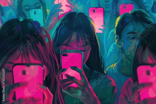 Young people addicted to mobile phones, illustration 