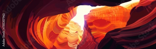 A painting of a canyon with a bright orange sun shining through the rocks