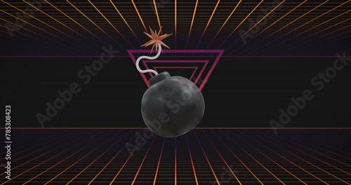 Image of 3d bomb icon rotating over neon lines and triangle on black background