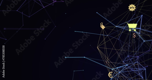 Image of web of connections with icons floating on a black background
