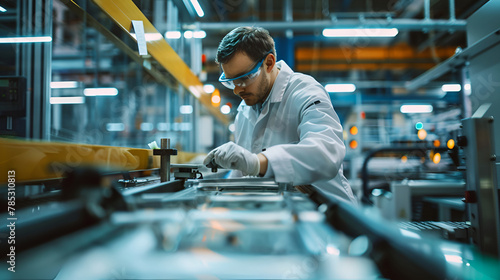 A quality control inspector examining a product on the assembly line, ensuring it meets strict standards before shipment