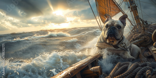 A bulldog sits on a boat floating in the ocean, looking out at the sea banner