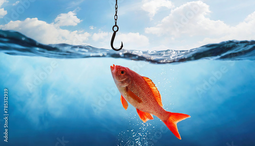 A red fish on hook floating in the water with blue sky background. 