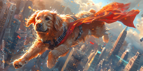 Golden retriever flying through the air wearing a red cape banner