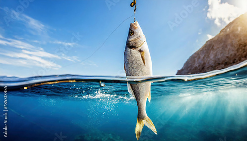Mullet fish caught half-sea on the tip of a fishing rod in the Aegean Sea