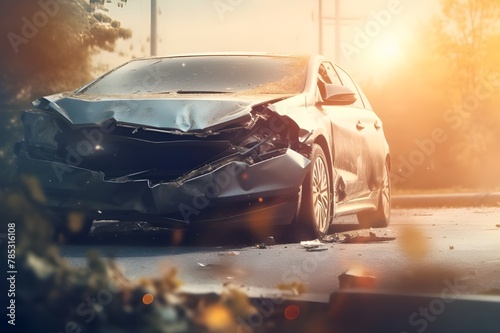  car accident scene on a highway at dawn with a severely damaged vehicle