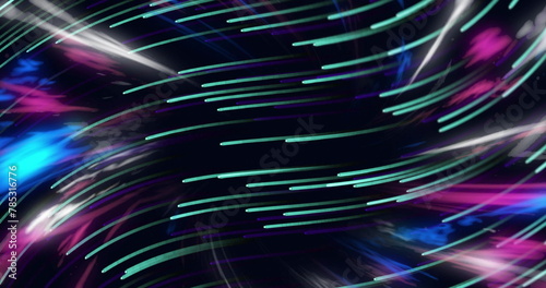 Image of neon multicolored lines moving in loop against black background