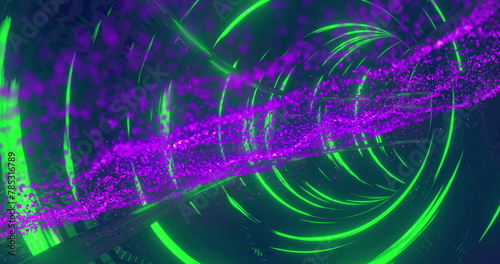 Image of purple dots forming wave patterns moving in neon green looping tunnel